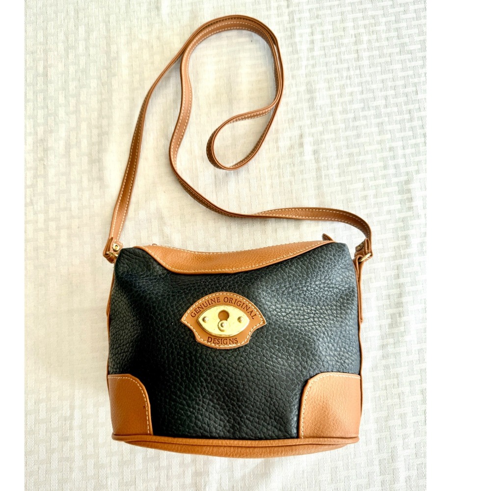 Vintage Dover Crossbody Bag Pebbled Leather Navy Blue Tan Two Tone Small Purse
